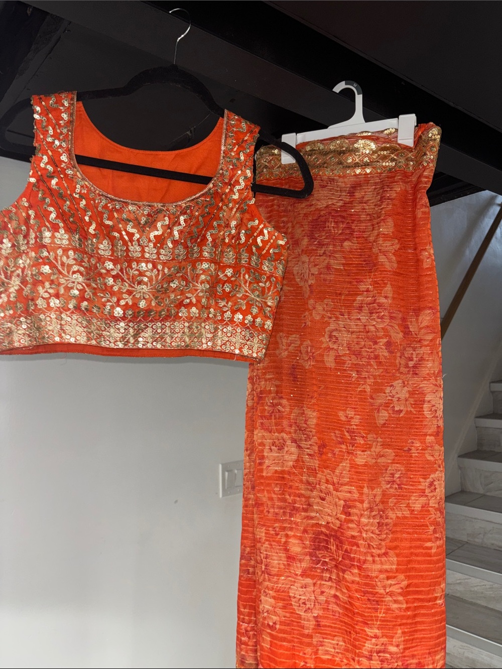 Women’s Orange Embellished Lehenga Top and Wrap with Inner Skirt